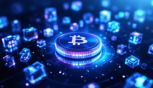 近未来的な仮想通貨コインがデータブロックと共に浮かぶイメージ