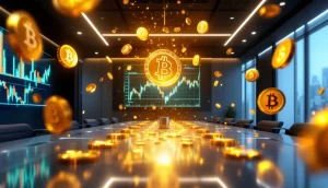 企業の仮想通貨投資戦略を表現するデジタル画面とビットコインシンボル