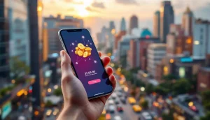 中南米の都市を背景にデジタルウォレットアプリを表示するスマートフォン
