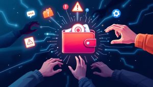 デジタル警告が表示されたハードウェアウォレットとそれを狙う影の手