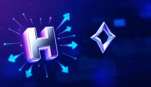 未来的なデジタル空間で上昇傾向を示すヘデラ（HBAR）とステラ（XLM）のコインの様式化された描写
