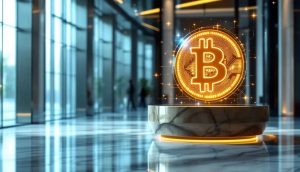 ビットコインのロゴが浮かぶ近代的な銀行ロビーのイメージ