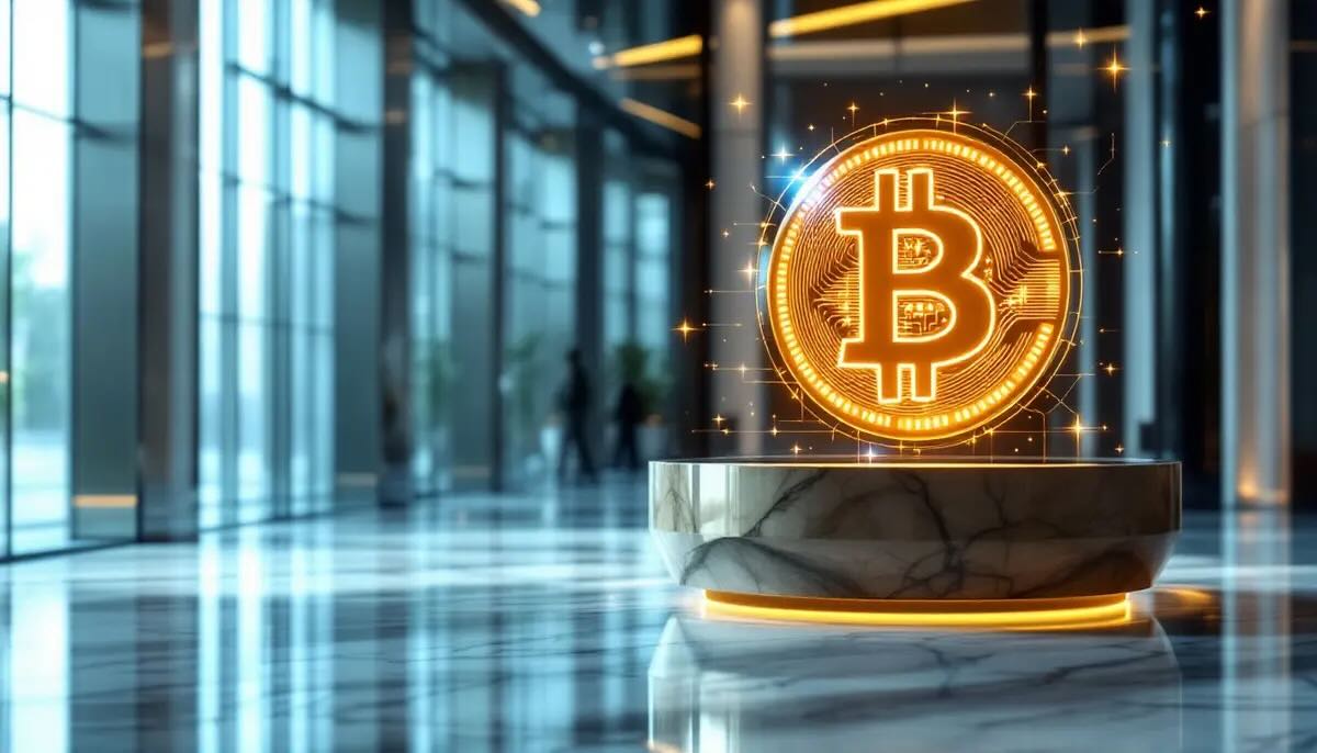 ビットコインのロゴが浮かぶ近代的な銀行ロビーのイメージ