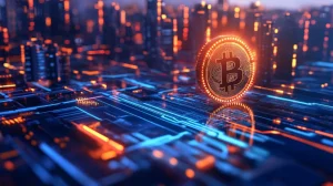 仮想通貨決済システムとブロックチェーン技術を備えた未来的なデジタル都市
