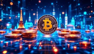欧州のランドマークと仮想通貨コインが融合した未来的な取引フロア