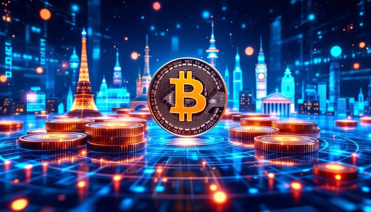 欧州のランドマークと仮想通貨コインが融合した未来的な取引フロア