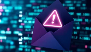 Ledgerのロゴが入った封筒と警告マーク、背景にデジタルコード