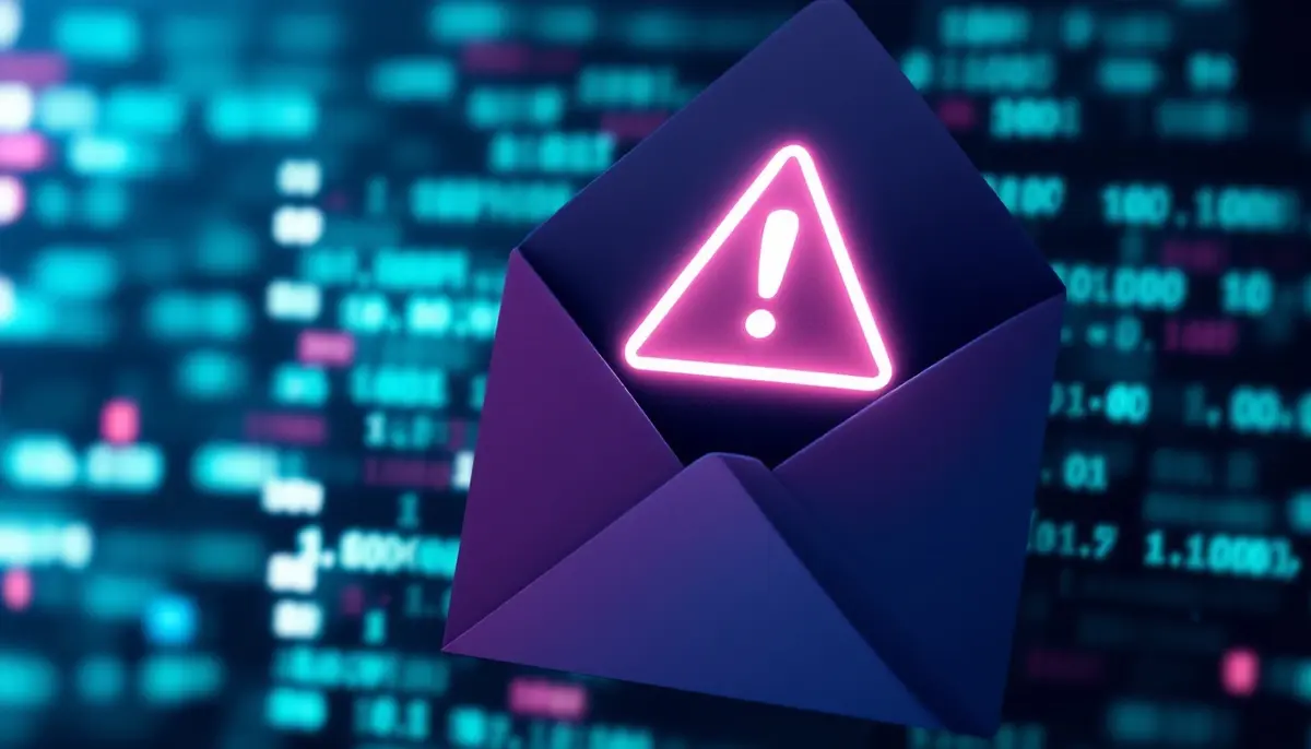 Ledgerのロゴが入った封筒と警告マーク、背景にデジタルコード