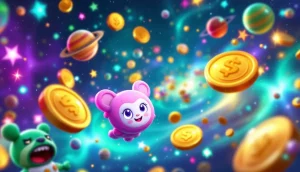 デジタル空間を漂うカラフルなミームコインとキャラクターたち