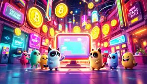 様々なミームコインのキャラクターが並ぶデジタルマーケットのイメージ