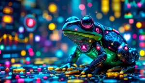 AIとミーム文化が融合した象徴的なデジタルフロッグと仮想通貨のチャート