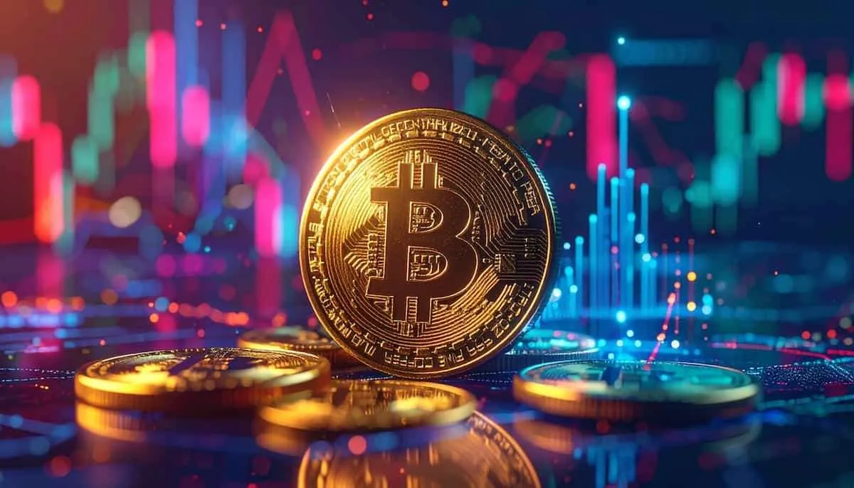ビットコインがグラフを背景にして立っている