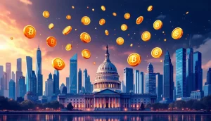 都市の行政庁舎上に仮想通貨コインが浮かぶイメージ