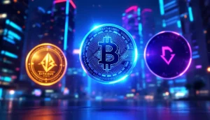 三つの新しい仮想通貨が輝くサイバー空間のイメージ