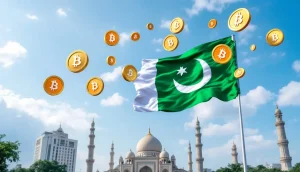 パキスタン国旗とビットコインのデジタルシンボルが描かれた政府機関のイメージ