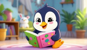 児童向けの明るい本を読むカラフルなペンギンのイラスト