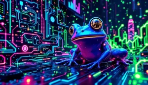 AI技術とブロックチェーンネットワークに囲まれたPepeマスコットと上昇チャート
