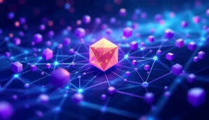 ポリゴンのブロックチェーンネットワークを表現する紫色の幾何学図形
