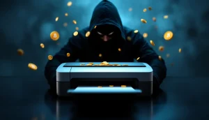 プリンタとハッカーを連想させるイメージとビットコインのアイコン