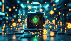 量子コンピュータと仮想通貨のデジタルシンボルが浮かぶ未来的な研究室
