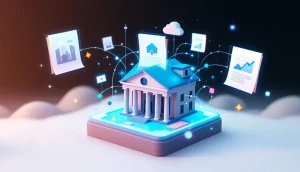 ブロックチェーン技術による不動産記録のデジタル化を表現した未来的なイメージ