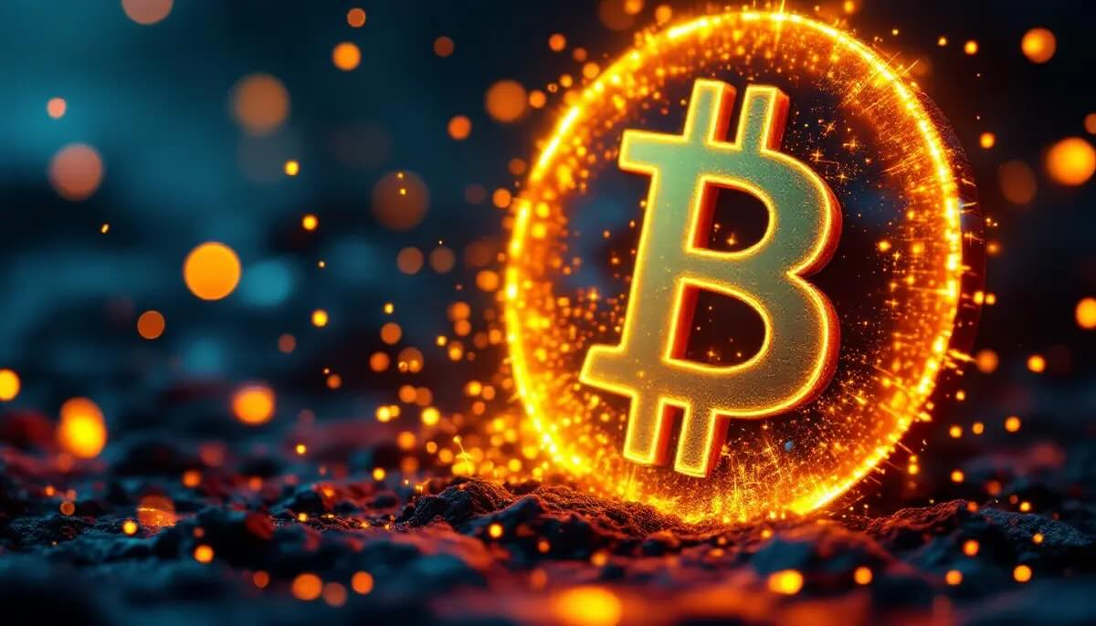 ビットコインマイニングと売却を象徴する抽象的なデジタルアート