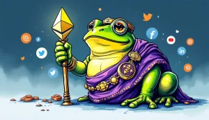 ローマ風のカエルがイーサリアムの杖を持ち、SNSアイコンが舞っているイラスト