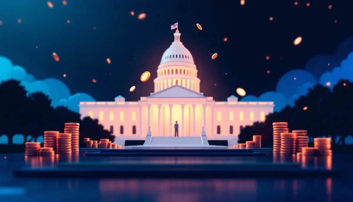 米国議会議事堂と仮想通貨コインが並ぶイメージ