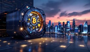 シンガポールの近未来的な都市を背景に、ブロックチェーンのシンボルが描かれたデジタル金庫