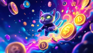 ソラナを象徴する背景の上で、カラフルなデジタルコインと共に舞い上がる猫のキャラクター