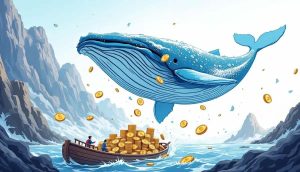 ソラナのコインをステーキングプールと仮想通貨取引所間で移動させる巨大なクジラのイラスト