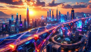 2つの未来都市をブロックチェーンでつなぐイメージイラスト