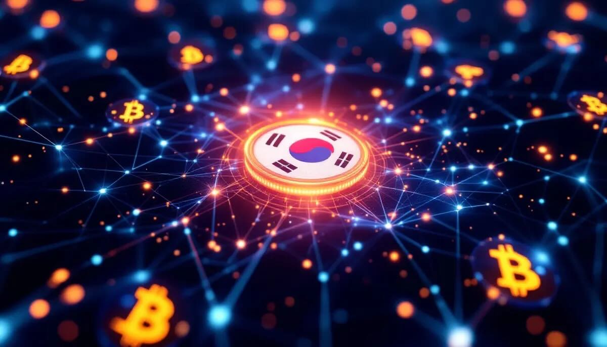 韓国国旗と仮想通貨のネットワークが融合したイメージ