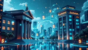 伝統的な銀行と仮想通貨取引所の建物の間をデジタルドル記号が流れる未来的な都市景観
