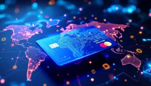 ブロックチェーン模様のカードとデジタル世界地図