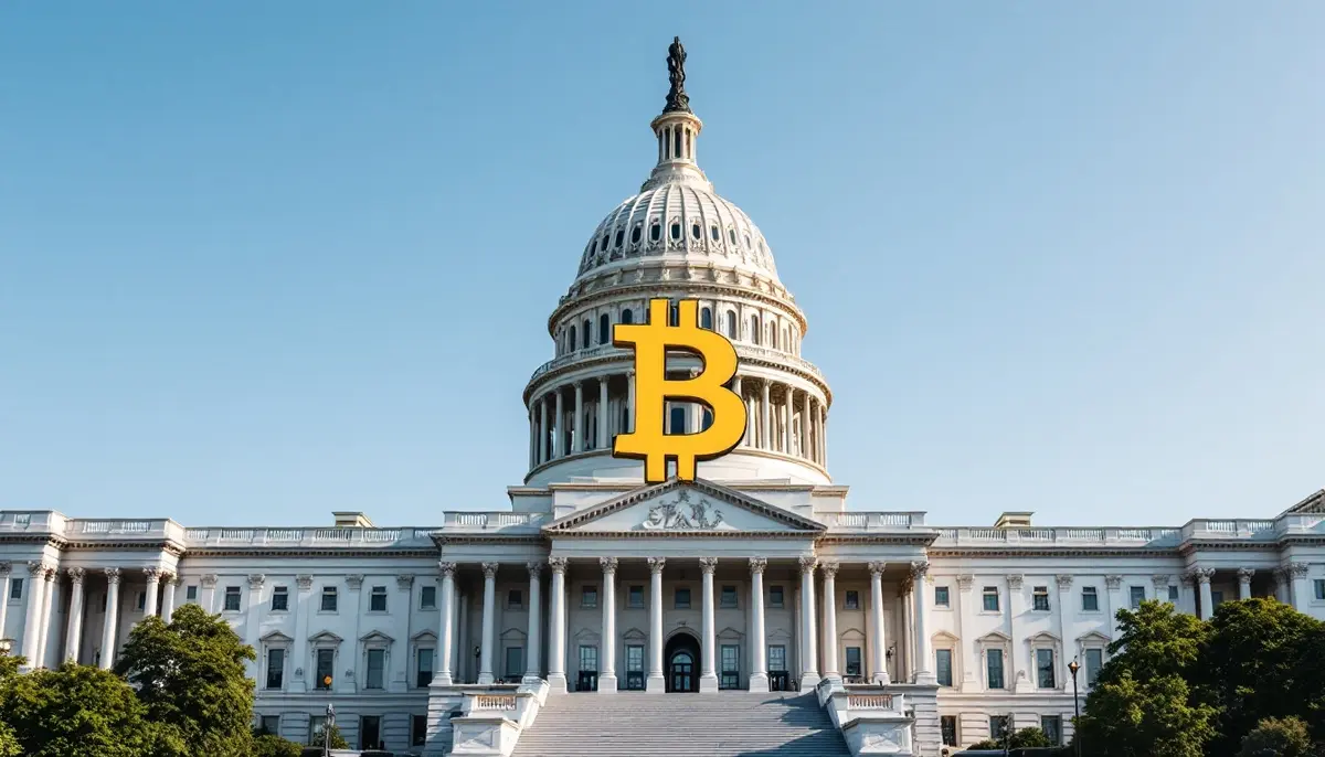 州議会議事堂の前にビットコインのシンボルがある風景
