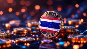 タイ国旗をあしらったデジタルコインとブロックチェーンのイメージ