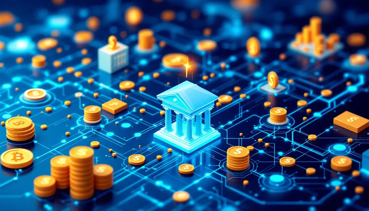 デジタル通貨と銀行システムの連携を表現した未来的なイラスト