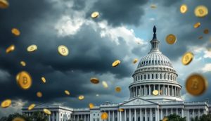 米議会議事堂の上に暗い雲が立ち込め、近くに浮かぶデジタルコイン