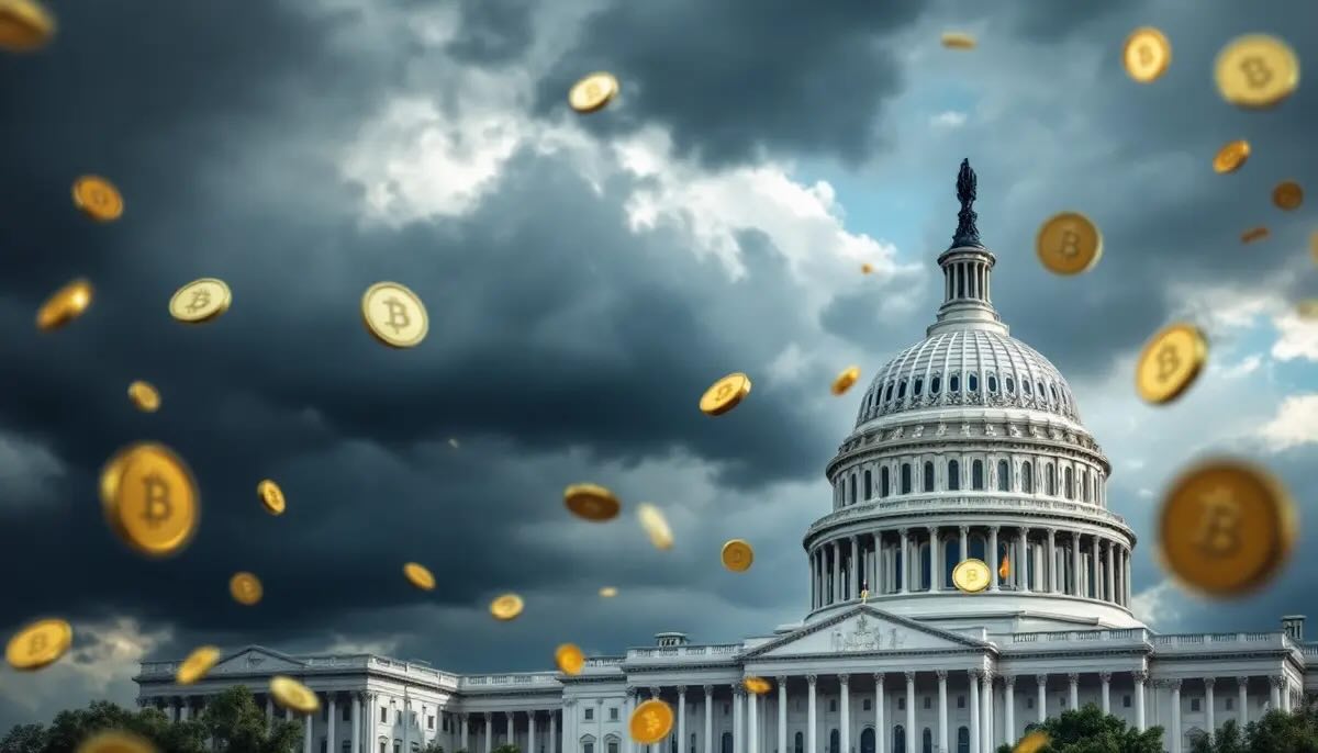 米議会議事堂の上に暗い雲が立ち込め、近くに浮かぶデジタルコイン