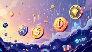 XRP、SOL、LINK、SUBBDを象徴する米国アルトコインと米国金融政策を想起させる仮想通貨市場のイメージ