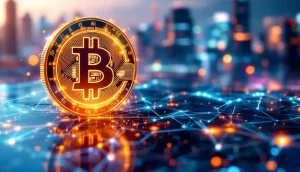 デジタルコインがブロックチェーンネットワーク上に浮かぶアジアの都市風景