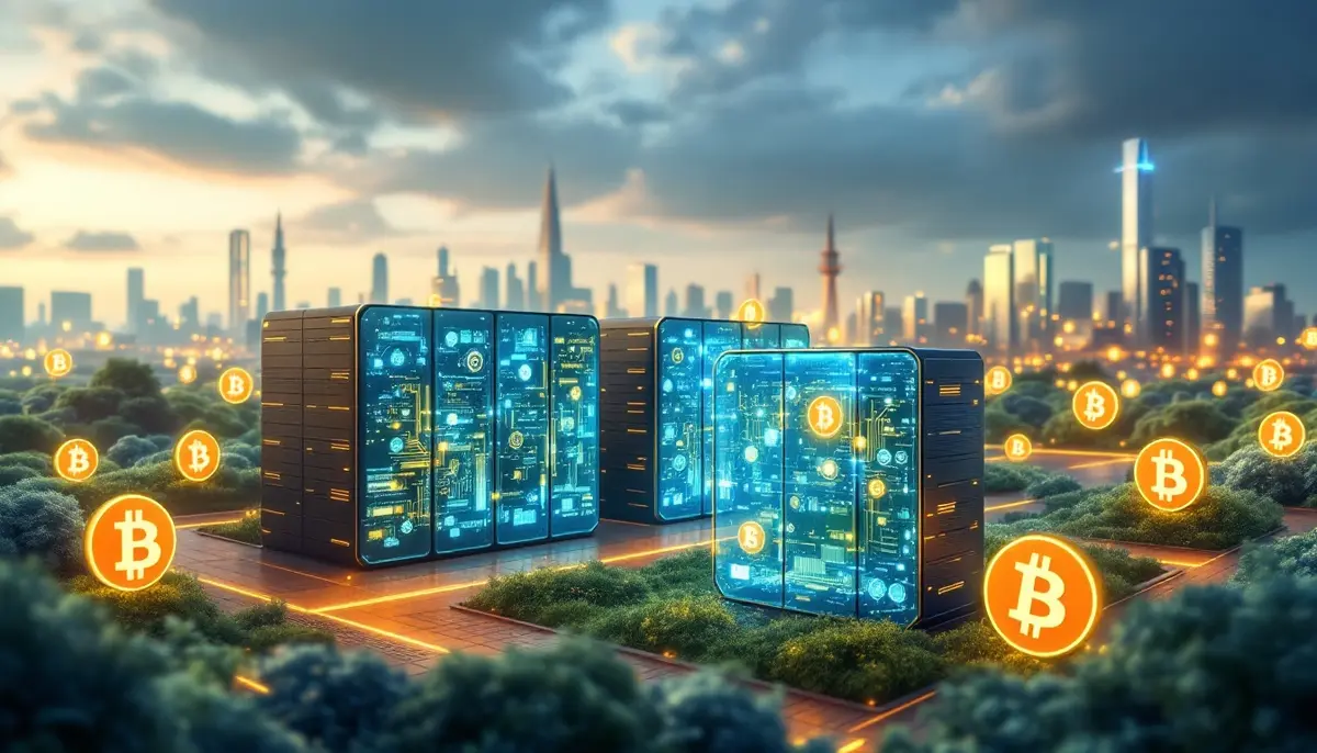 再生可能エネルギーで稼働する未来的なデータセンターとビットコインのシンボルが浮かぶ都市の風景
