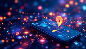 スマートフォンアプリから世界に広がる安全な分散型金融接続を示す抽象的なデジタルアート