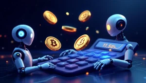 仮想通貨コインと上昇チャート、AI分析を表現したデジタルイメージ