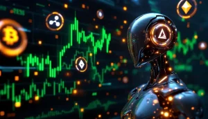 AIが仮想通貨の価格チャートを分析している未来的なイメージ