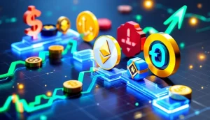 強気相場を示すグラフの上を上昇するイーサリアムやユニスワップなど様々なアルトコインのシンボル