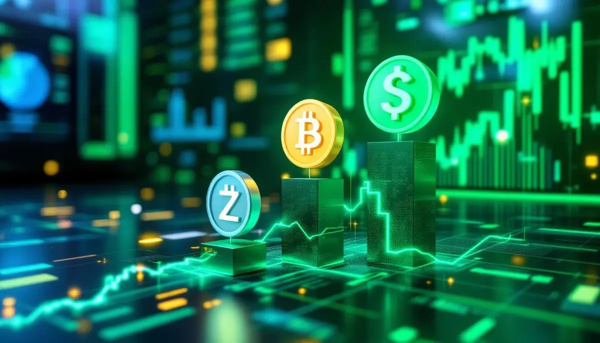 上昇する金融チャートを背景にした3つの抽象的な仮想通貨シンボル