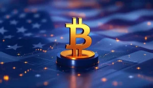 ビットコインのシンボルが置かれたマイニングサーバーと、金融チャートの背景