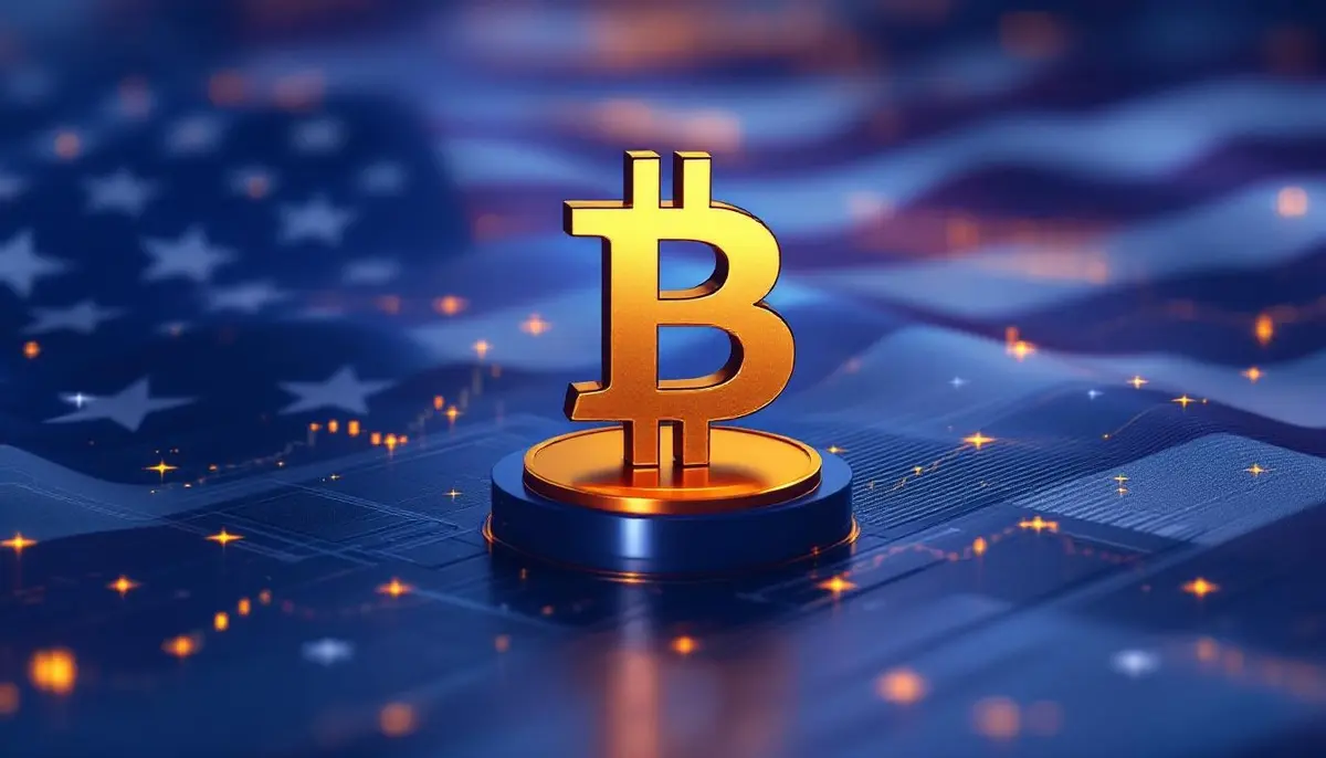 ビットコインのシンボルが置かれたマイニングサーバーと、金融チャートの背景